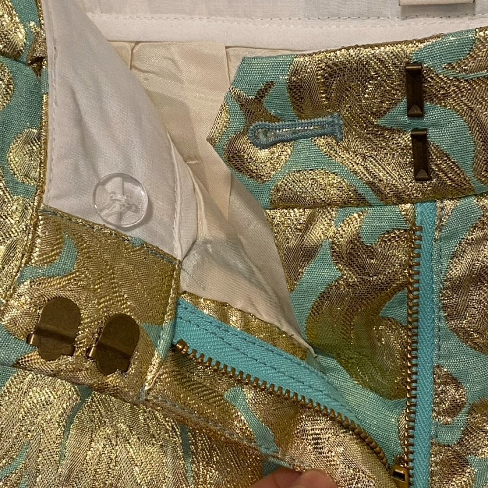 J.Crew Factory Mint and Gold Brocade Capri Pant Size 2 - Picture 7 of 10
